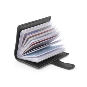 Small black leather RFID card holder wallet showing multiple card slots