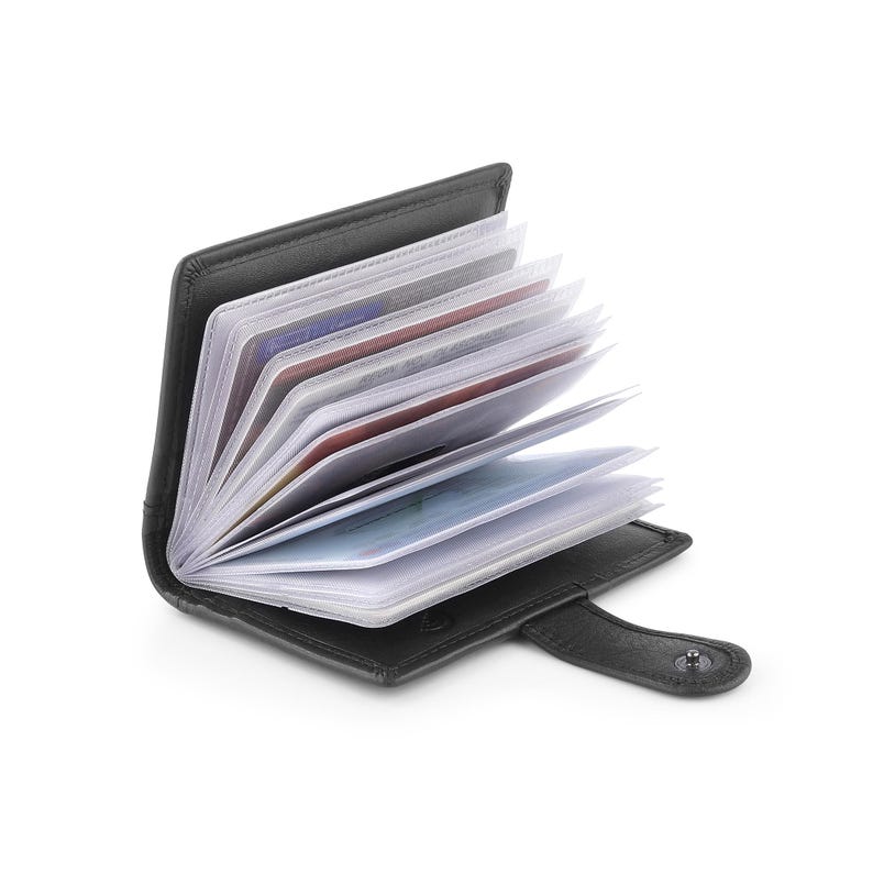 Small black leather RFID card holder wallet showing multiple card slots
