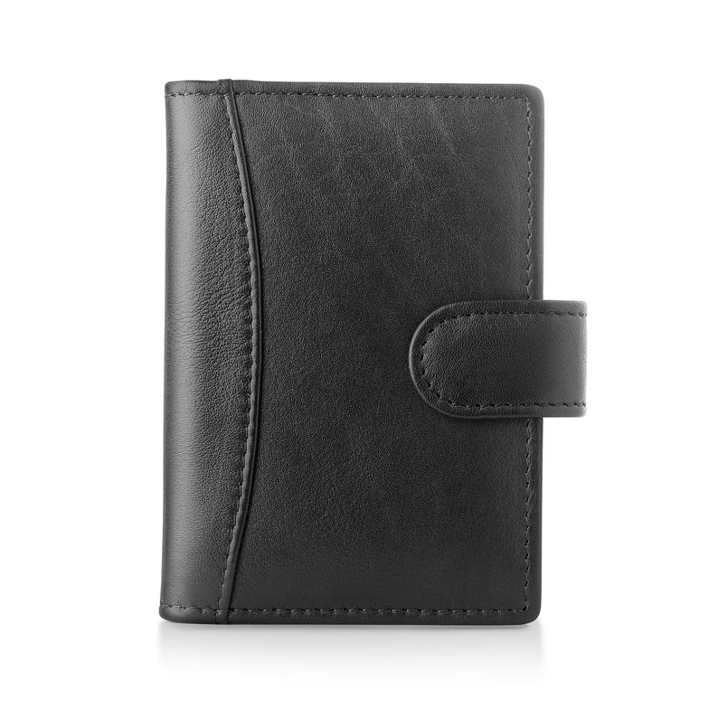 Personalised black leather RFID credit card holder wallet for women front view