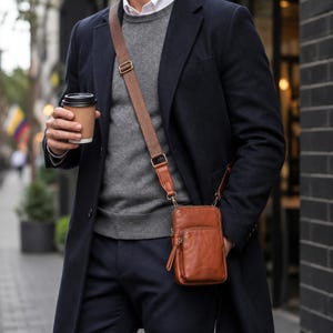Crossbody Phone Bag for Men Real Leather Small Shoulder Bag Brown Mens Mini Travel Sling Bag with Card Slots Zip Pouch Gift for Him