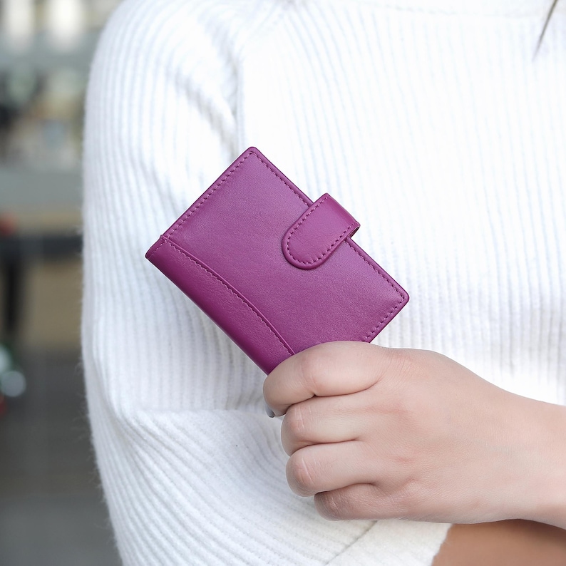 Women using personalised fuchsia leather RFID card holder wallet