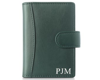 Tarjetero de piel personalizado, mini cartera delgada para tarjetas de crédito, con iniciales grabadas, cierre de botón, regalo de Navidad para ella.