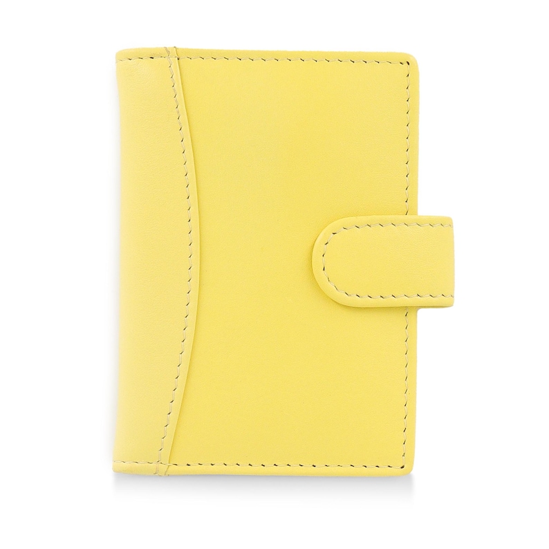 Personalised yellow leather RFID credit card holder wallet for women front view