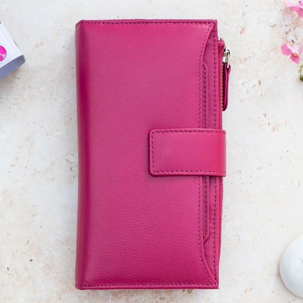 Pink Leather Wallet • RFID Travel Wallet For Women • Pink Clutch Purse