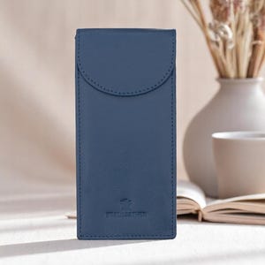 Double navy leather glasses case designed to hold two pairs front view