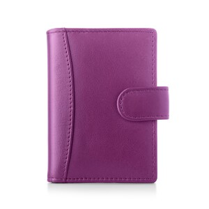 Personalised fuchsia leather RFID credit card holder wallet for women front view