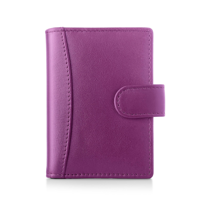 Personalised fuchsia leather RFID credit card holder wallet for women front view