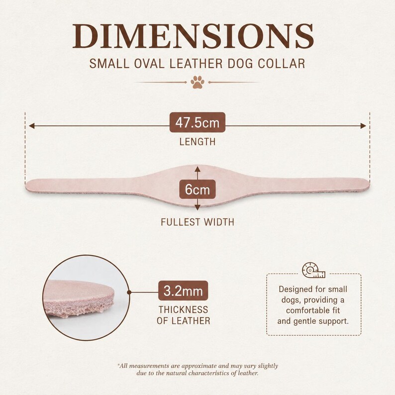 Peut inclure: Un collier pour chien en cuir beige clair avec un centre ovale. Le texte indique DIMENSIONS, SMALL OVAL LEATHER DOG COLLAR, 47.5cm LENGTH, 6cm FULLEST WIDTH et 3.2mm THICKNESS OF LEATHER. Un encart circulaire montre l'&eacute;paisseur du cuir.