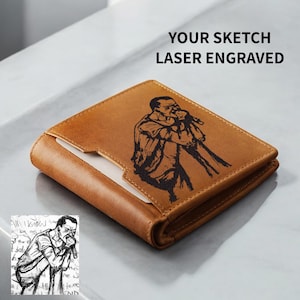 Cartera personalizada de cuero para él, regalo para su esposo, cartera grabada personalizada, tarjetero RFID de cuero para hombre, regalo con boceto personalizado.