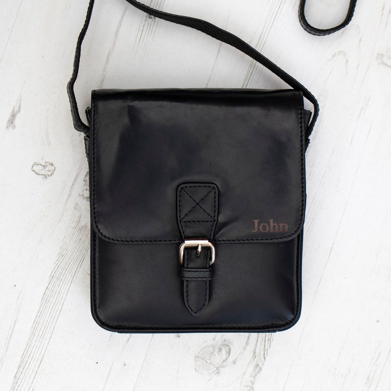Men’s black leather satchel crossbody bag front view