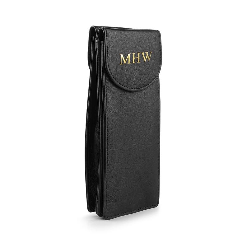 Double black leather glasses case designed to hold two pairs front view