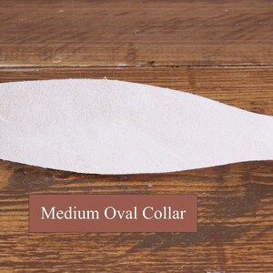 Peut inclure: Un collier ovale de couleur claire et textur&eacute;, pr&eacute;sentant une forme effil&eacute;e et une s&eacute;rie de trois trous circulaires sur le c&ocirc;t&eacute; droit. Une &eacute;tiquette rectangulaire brune avec le texte blanc Medium Oval Collar est plac&eacute;e sous l'objet.