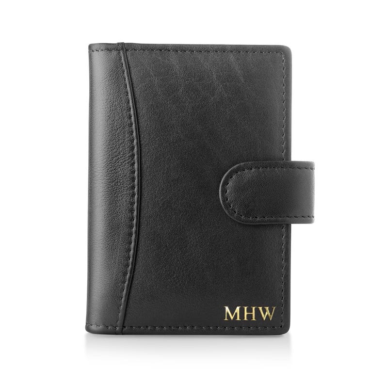 Personalised black leather RFID credit card holder wallet for women front view