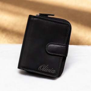 Carteira personalizada para mulheres, presente personalizado para a mãe, bolsa de couro, porta-cartões RFID, carteira com zíper, porta-moedas, iniciais da carteira gravadas