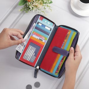 Porte-monnaie multicolore pour femme, portefeuille zippé, porte-monnaie en cuir RFID, porte-cartes de crédit coloré, portefeuille en cuir souple, idée cadeau pour mère et épouse