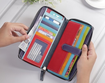 Multicolour Purse For Women Zip Around Wallet RFID Leather Purse Colourful Credit Card Holder Wallet Soft Leather Gift Idea For Mother Wife