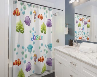 Personalized Kids Shower Curtain: Funny Fish Bathroom Decor