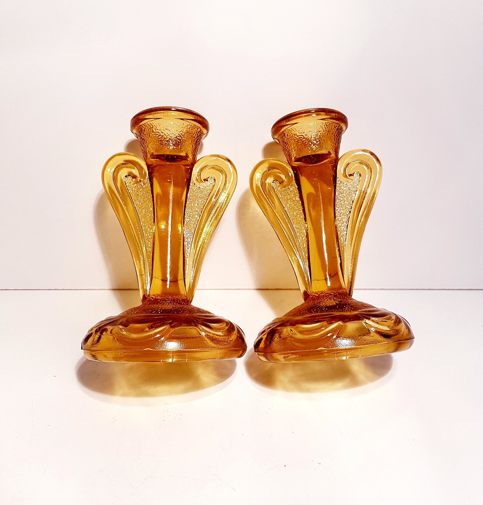 Bagley Glass Art Deco Amber Candlesticks Rutland Circa Etsy UK