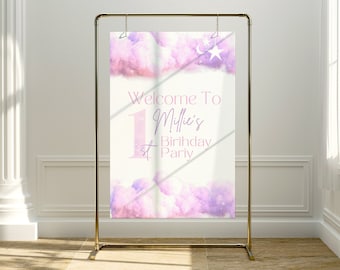 Cloud Children's 1st Birthday Welcome Sign, Editable Template, Pastel Pink & Purple.