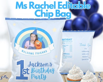May include: A blue and white chip bag with a rainbow design and a photo of a woman and a puppet. The bag says "Jackson's 1st Birthday Party" and "Welcome Friends".