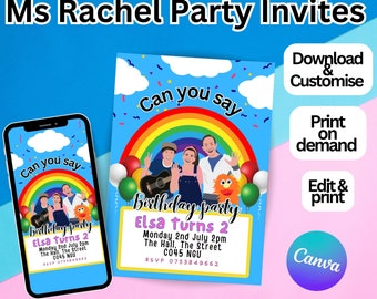 MS RACHEL BIRTHDAY Party Invites, customize, Print & Digital Invitations, 4x5, 5x7,pdf, png,Instant Download, Canva Template, PartyFun, Pink