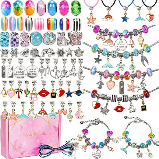 Charm Bracelet Making Kit Including Jewelry Beads Snake Chain, 130 Pieces  DIY Kit, Jewelry Gift Set for Arts and Crafts for Kids 