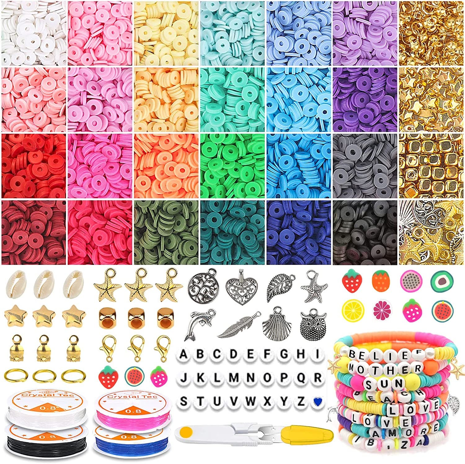 3000 Clay Beads For Bracelet Making, Polymer Clay Flat Round Bead Kit With  Letter Fruit Beads Acces