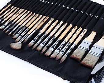 24 Piece Expert Series Paint Brush Set with Cloth Roll & Palette Knife, Acrylic, Oil, Watercolor, Gouache, Birch Handles, Enhance Artistry