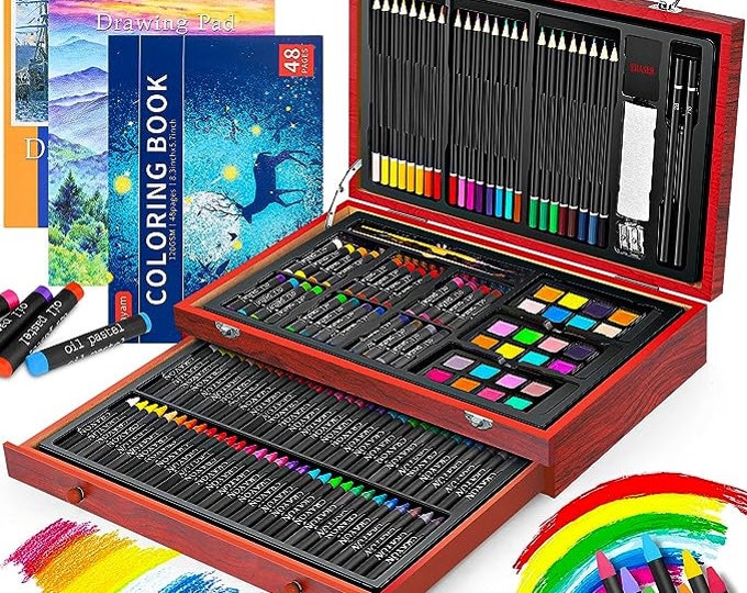 Deluxe 150-Pack Wooden Art Set with Coloring Book and Sketch Pads - Perfect Gift for Artists, Beginners, Kids, and Adults - Art Supplies