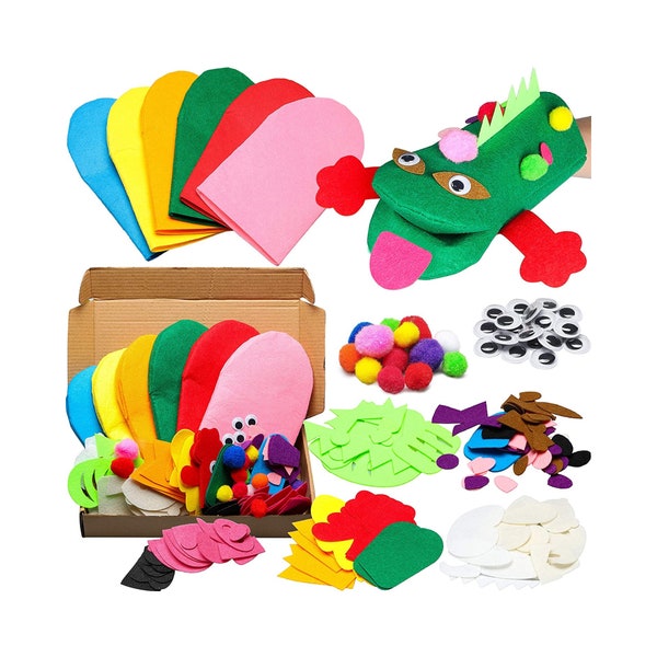 Hand Puppet Making Kit for Kids |  DIY Make Your Own Puppets, | Pompoms Wiggle Googly Eyes, Sock Puppet | Party Supplies for Girls and Boys