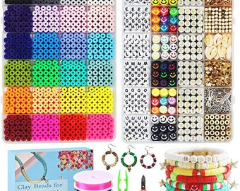 Bracelet Making Kit | Clay Beads and Smile Letter Beads, Jewelry Making Kit, 24 Colors 6mm Polymer Clay Beads | Bead Kit with Pendant Charms