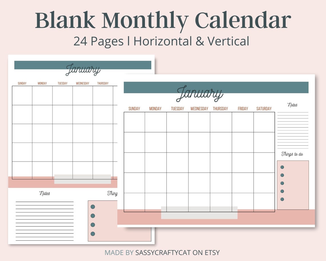 Monthly Blank Calendar Horizontal and Vertical Printable | Etsy