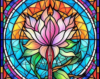 Stain Glass Colorful Lotus Flower Diamond Painting Arts and crafts Kit - 50x50