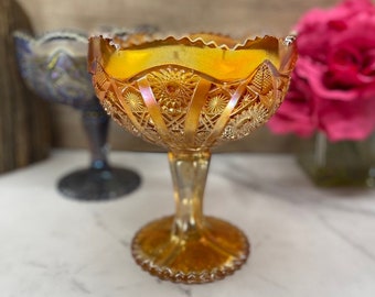 Highly Scented Soy Candle, Large Vintage Imperial Glass 8" Compote, Marigold Carnival Glass