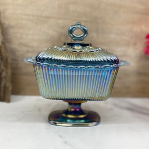 Scented Soy Candle, Indiana Glass Blue Carnival Lace Edged Candy Dish