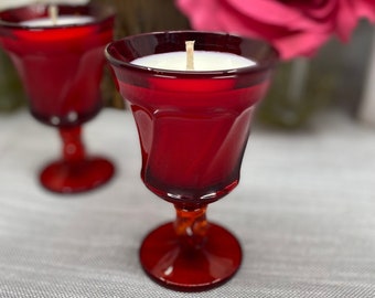 Scented Soy Candles, Set of 2 Vintage Fostoria Ruby Red Jamestown Swirl Cordial Glasses
