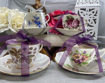 Vintage Assorted Tea Cup and Saucer Set, Scented Soy Candle, English Made Tea Set