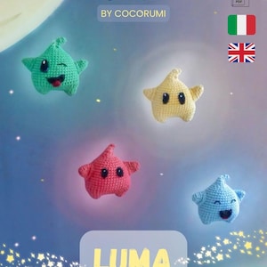May include: An amigurumi pattern by Cocorumi featuring four crocheted star-shaped characters in green, yellow, red, and blue. The word "Luma" is displayed in yellow text. The background is a gradient of blue and purple with star accents.