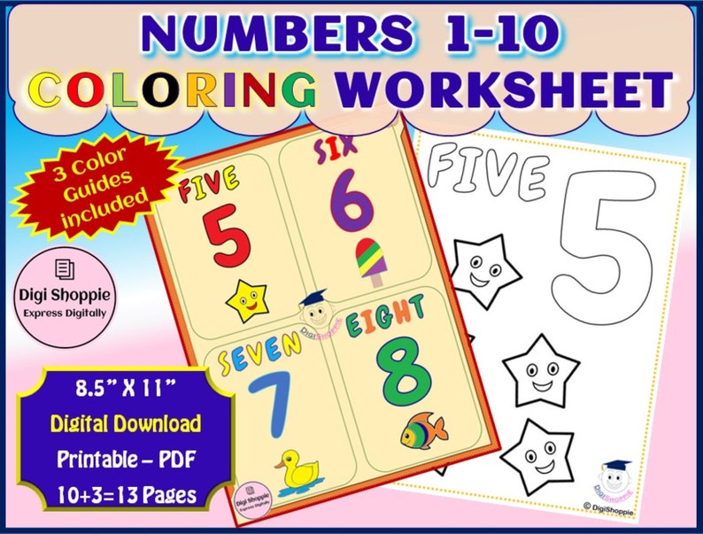 103 count color numbers 1 10 printable 103 coloring etsy