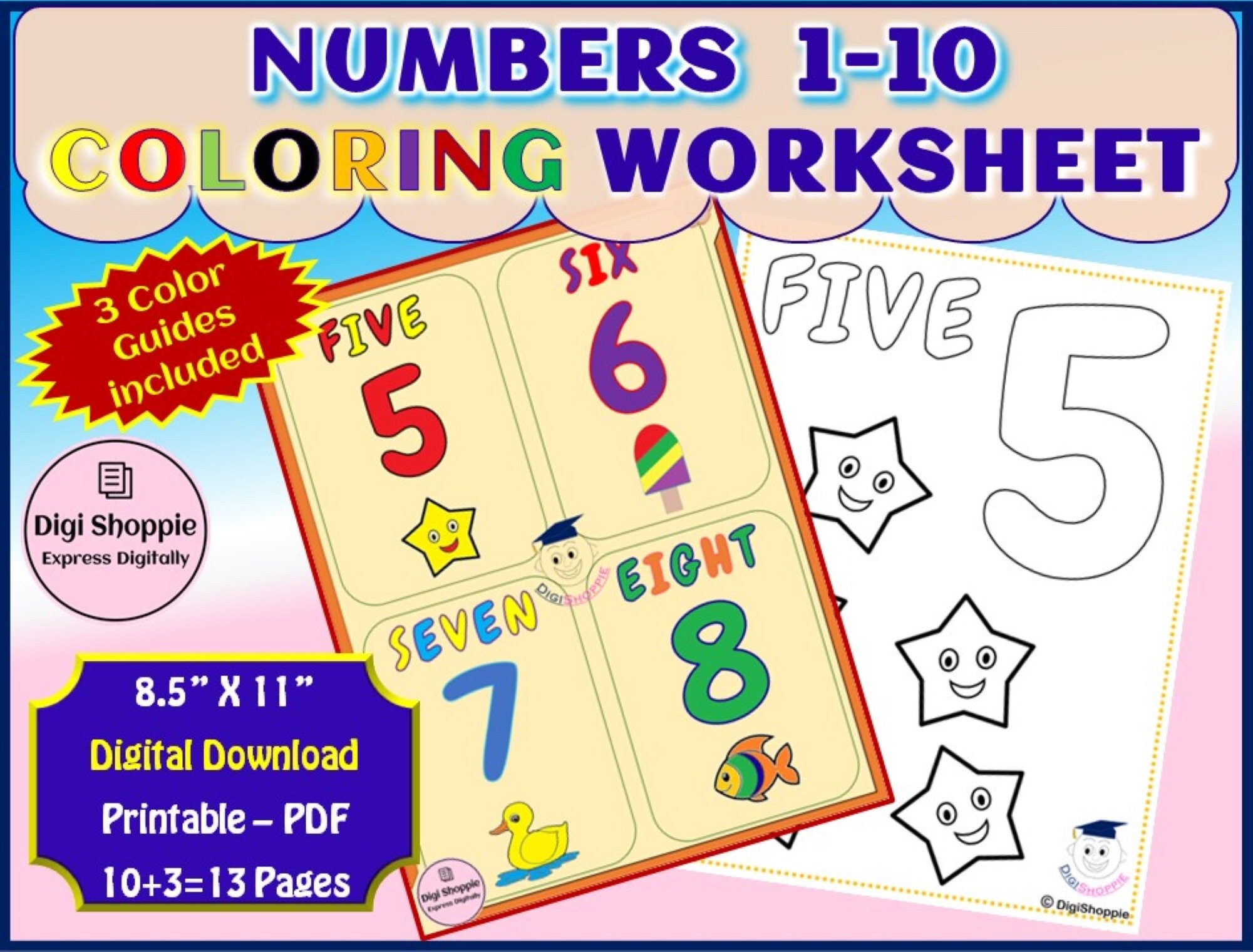 103 count color numbers 1 10 printable 103 coloring etsy