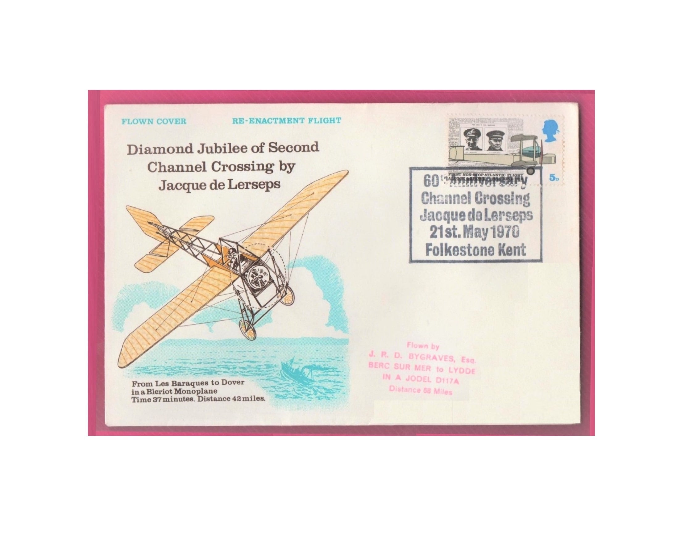 Channel Crossing flight by Jacque de Lerseps  60th Anniversary re-enactment flown Postal Cover 1970 with special cancel