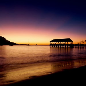 Hanalei Bay Pier Beach Sunset Photograph Image Wall Art Print Kauai Hawaii DIGITAL DOWNLOAD 16:9 Format