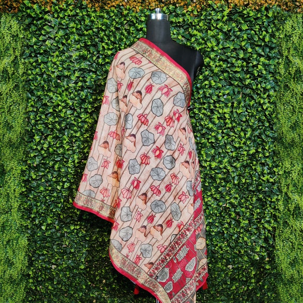 Ramadan Sale: Lilen Kalamkari Dupatta - Mesmerizing Digital Print, Premium Fabric, Elegant Jaipur Kalams. Elevate Your Style! Free Shipping