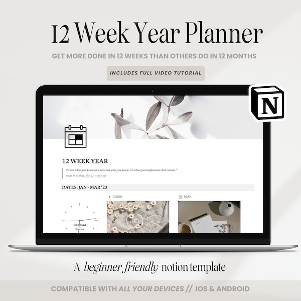 12 Week Year Notion Planner 3 Month Goals Aesthetic Notion Dashboard Vision Board Notion Template Manifestation Simple Notion Goals Planner