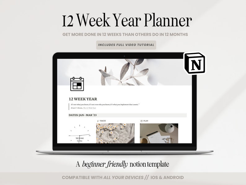 12 Week Year Notion Planner 3 Month Goals Aesthetic Notion Dashboard Vision Board Notion Template Manifestation Simple Notion Goals Planner image 1