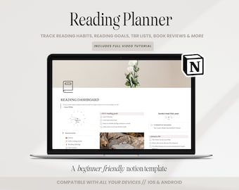 Notion Reading Journal Template, Aesthetic Notion Reading Planner, Reading log, TBR List, Reading Goals Tracker, Book Review