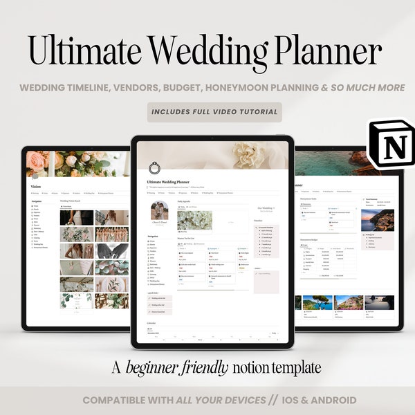 Wedding Planner Notion Template, Notion Wedding Timeline Calendar, Wedding Vendors, Digital Wedding Planner, Wedding Budget Template