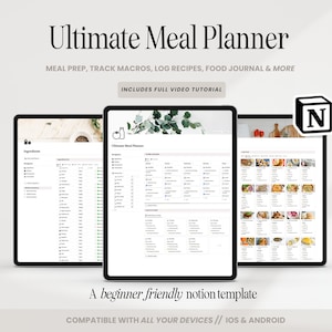 Plantilla de planificador de comidas de Notion, planificador de comidas digital, planificador de comidas semanal de Notion, lista de compras, lista de compras, diario de alimentos, plan de comidas