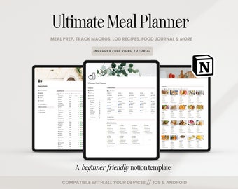 Notion Meal Planner Template, Digital Meal Planner, Weekly Meal Planner Notion, Shopping List, Grocery List, Food Journal Meal Plan