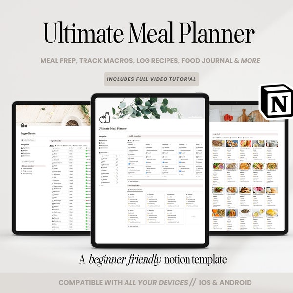 Notion Meal Planner Template, Digital Meal Planner, Weekly Meal Planner Notion, Shopping List, Grocery List, Food Journal Meal Plan